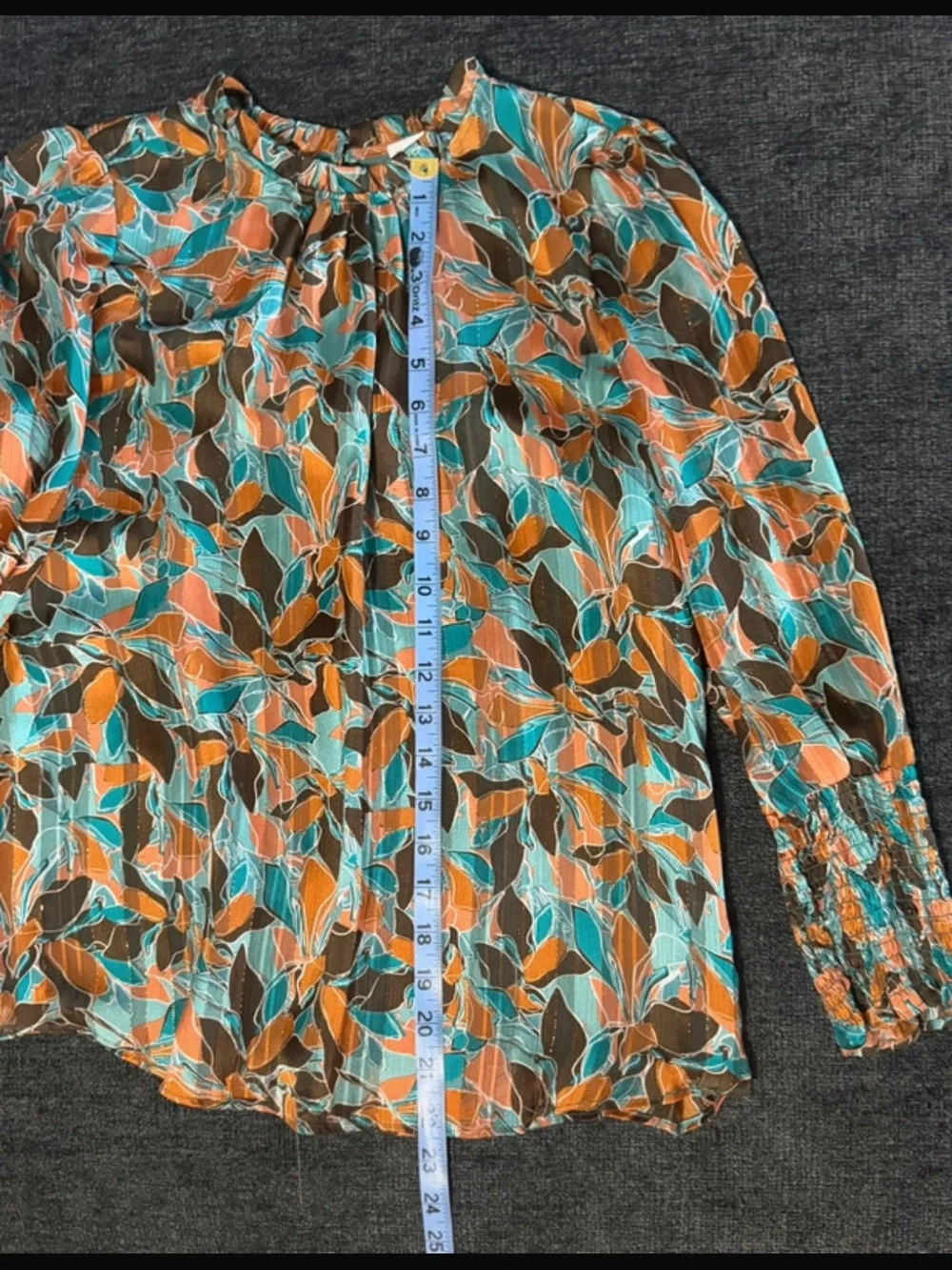 Leaf-Print Long Sleeve Blouse in Teal, Orange & Brown
